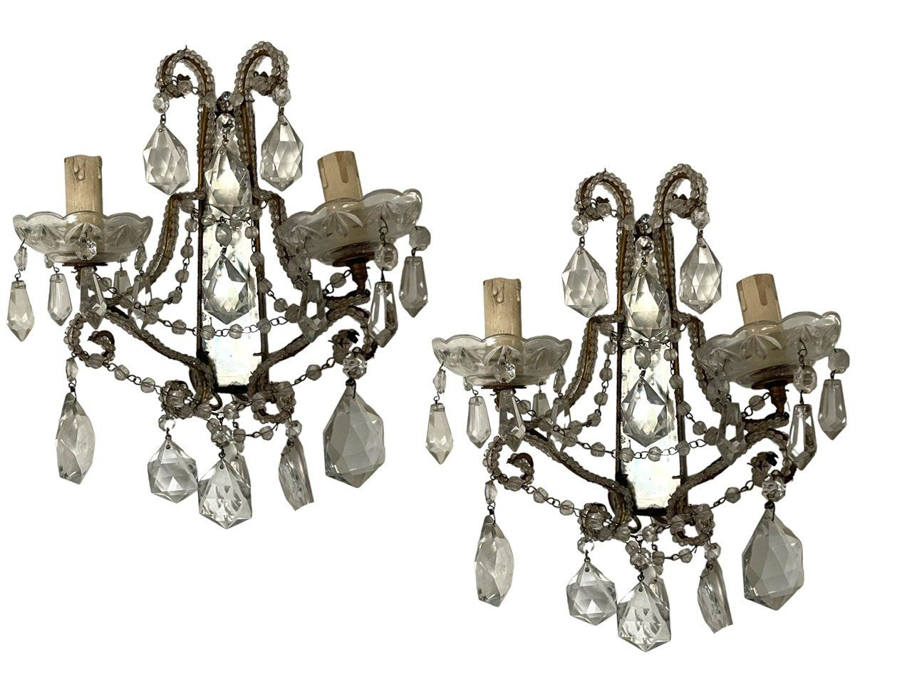 Italian Venetian Crystal Beaded Mirrored Sconces, 1940s, Set of 2