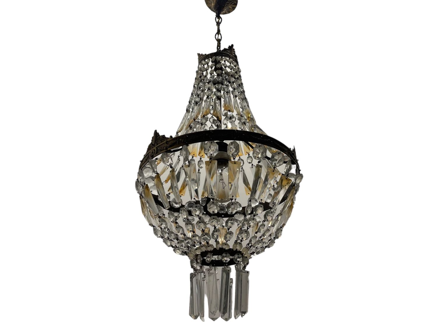Vintage Bronze Crystal Basket Chandelier, 1960s