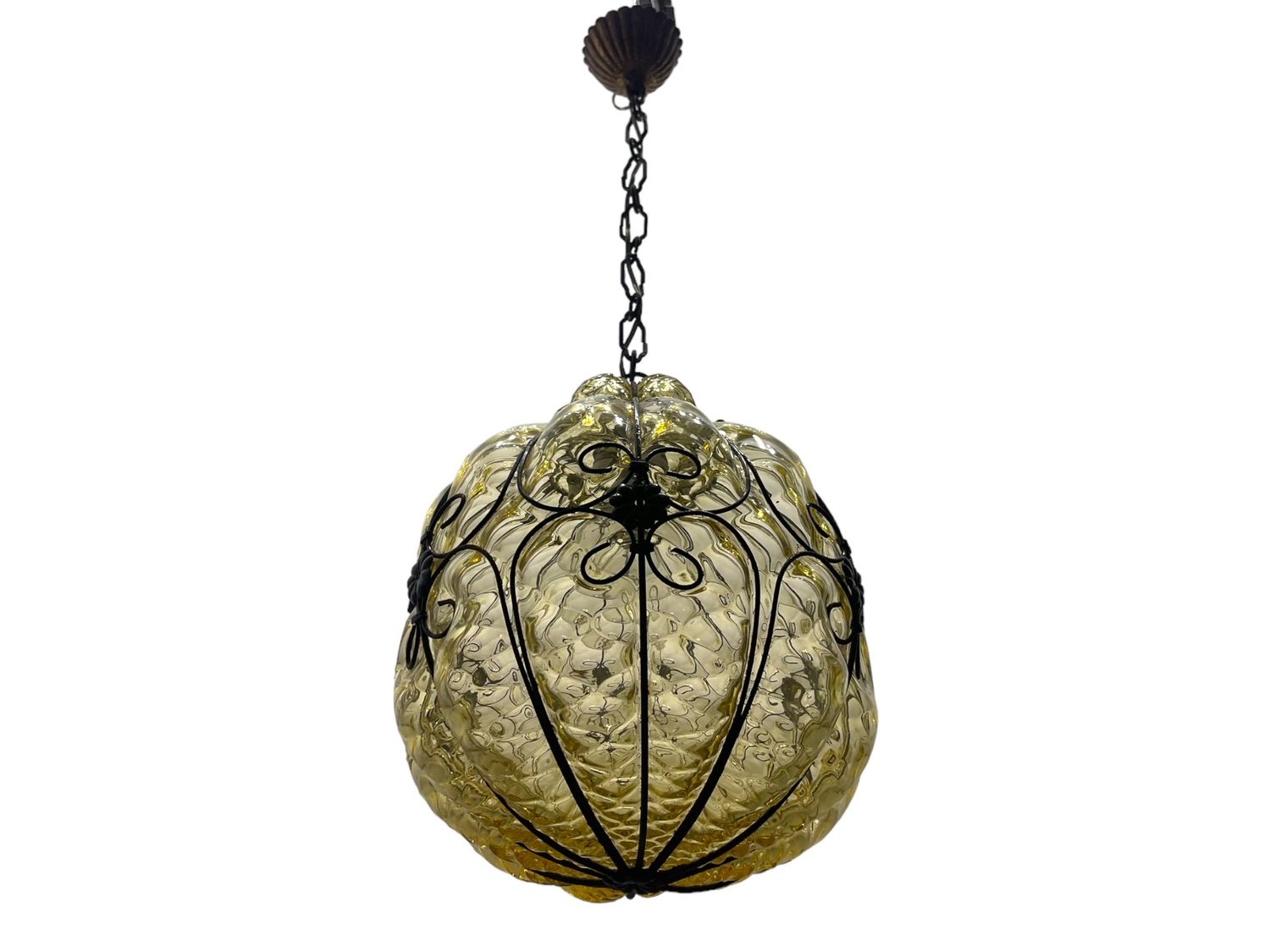 Wrought Iron Murano Glass Light Pendant, 1950s