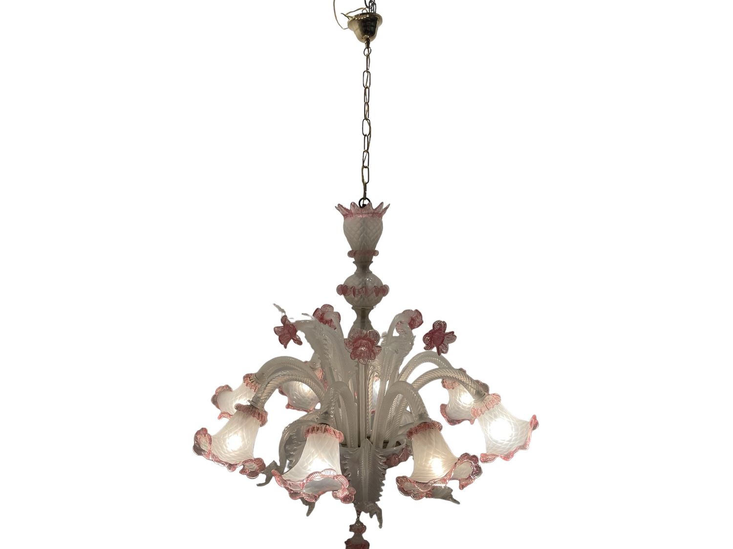 Venetian Large Pink and White Murano Glass Chandelier, 1970s