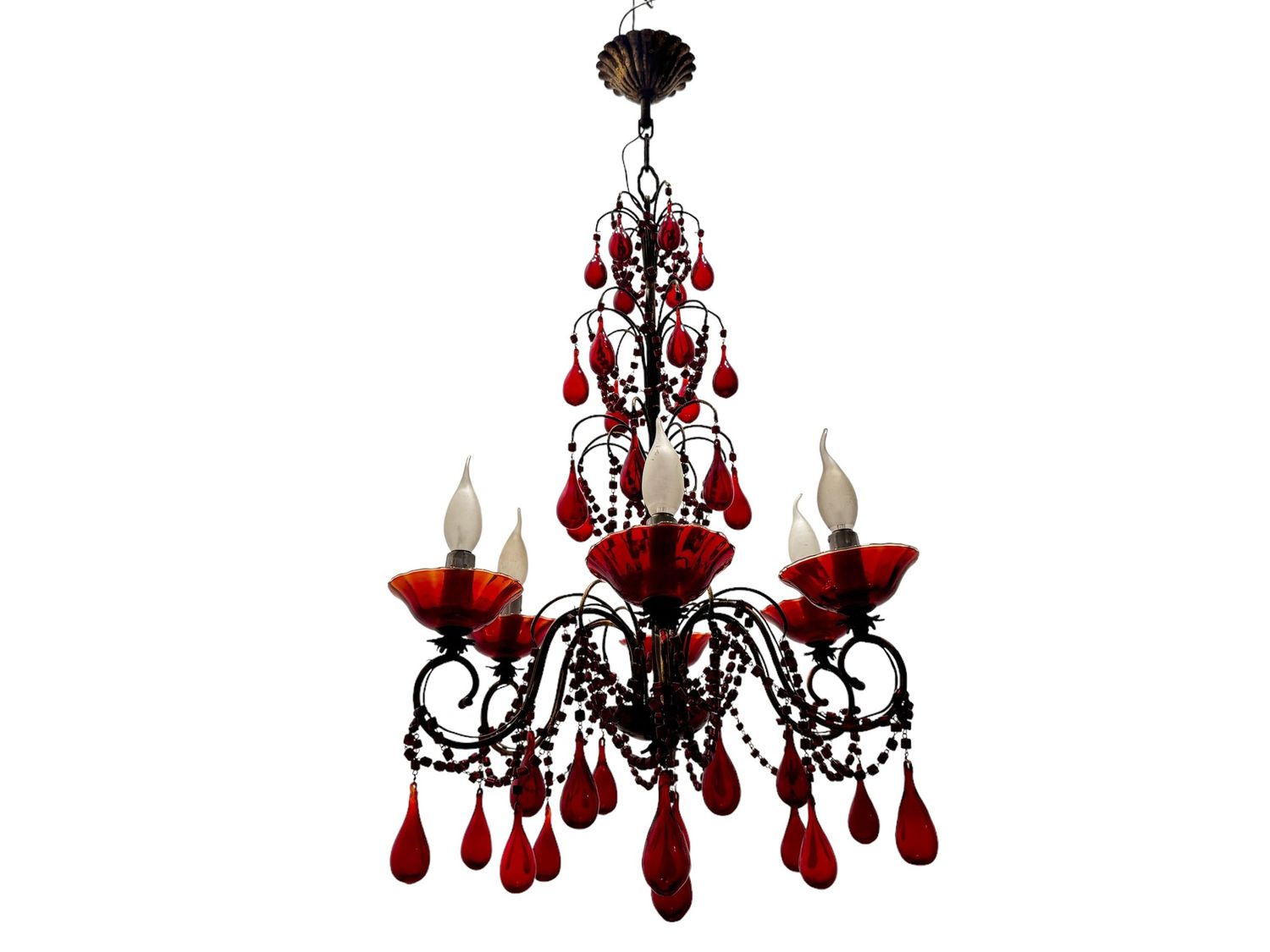 Florentine Macaroni Red Murano Glass Chandelier, 1950s
