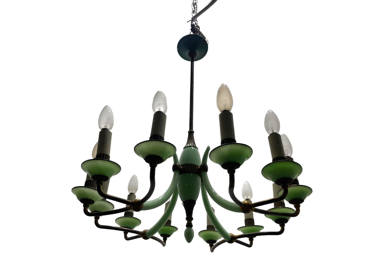 Opaline Glass Bronze Chandelier, 1950s