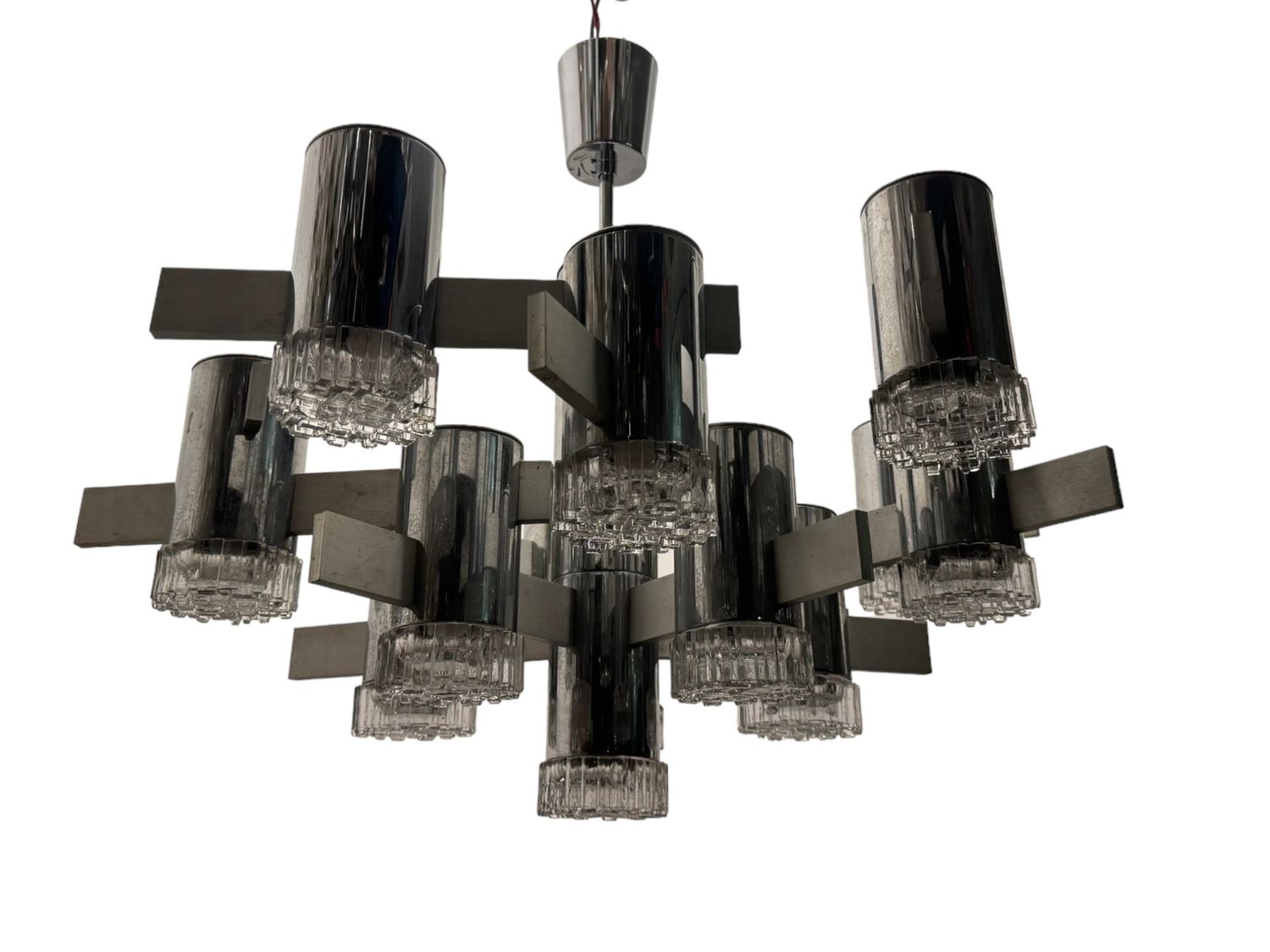 Large Mid-Century Italian Chrome Crystal Chandelier 15 Lights by Gaetano Sciolari, 1970s
