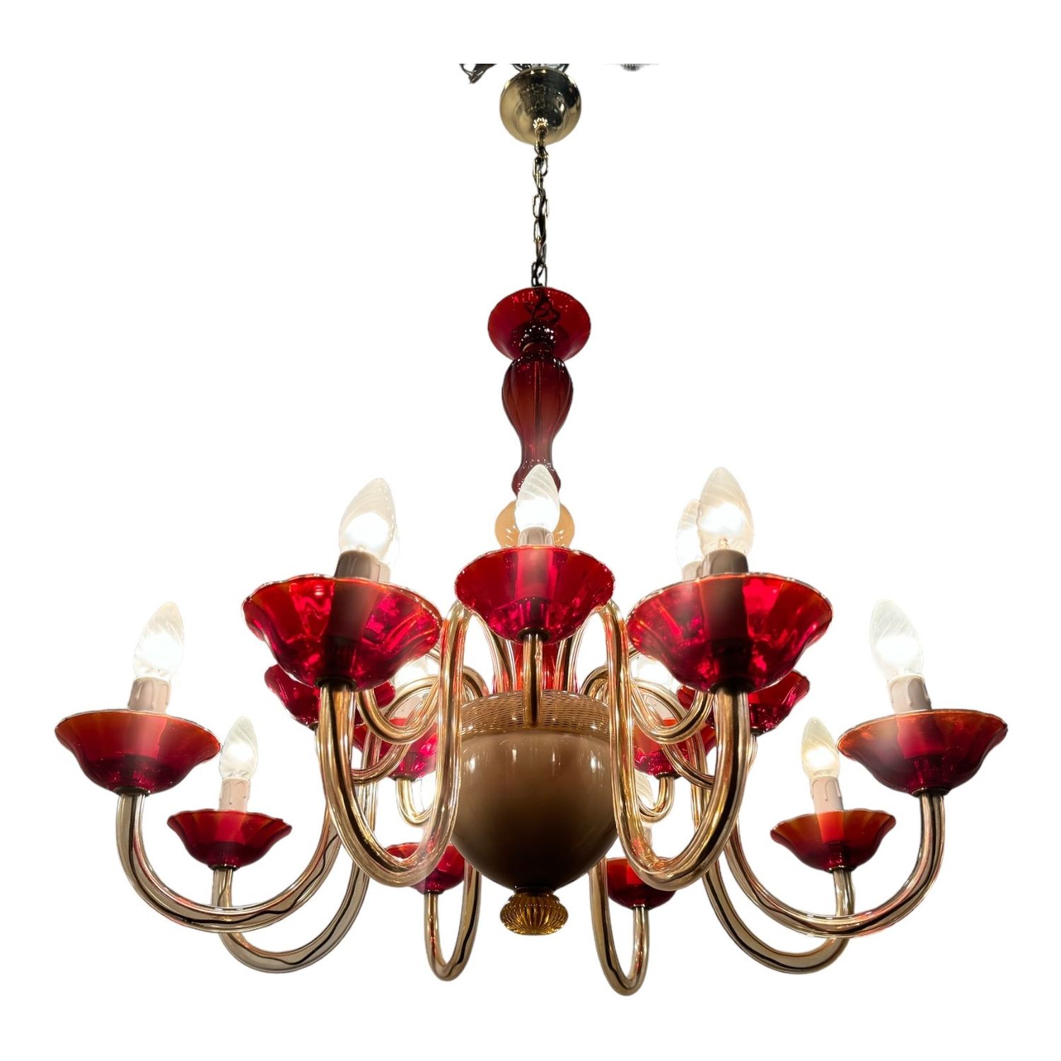 Large Venetian Ruby Red Murano Glass Chandelier, 1980s