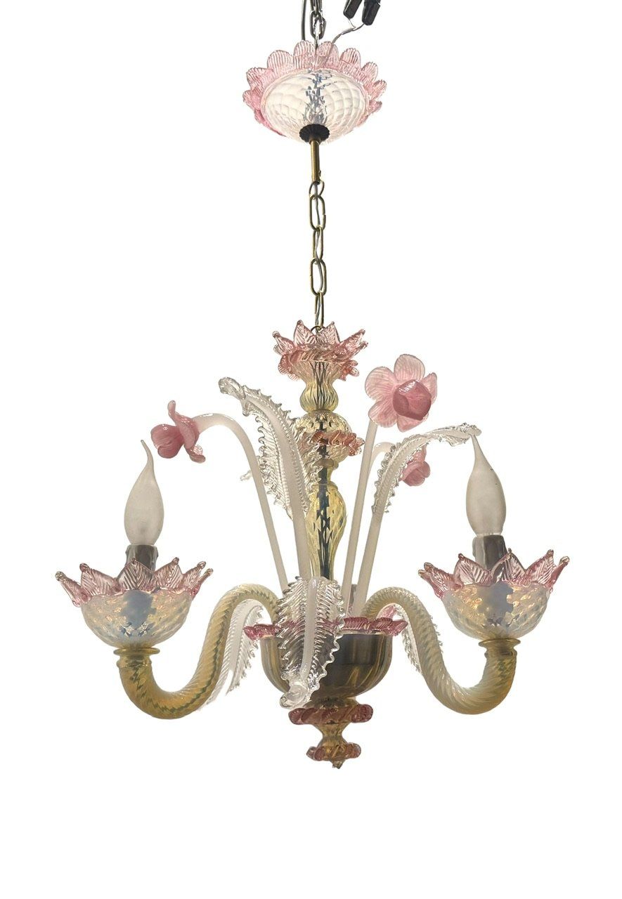 Venetian Pink Opalescent Murano Glass Chandelier, 1960s