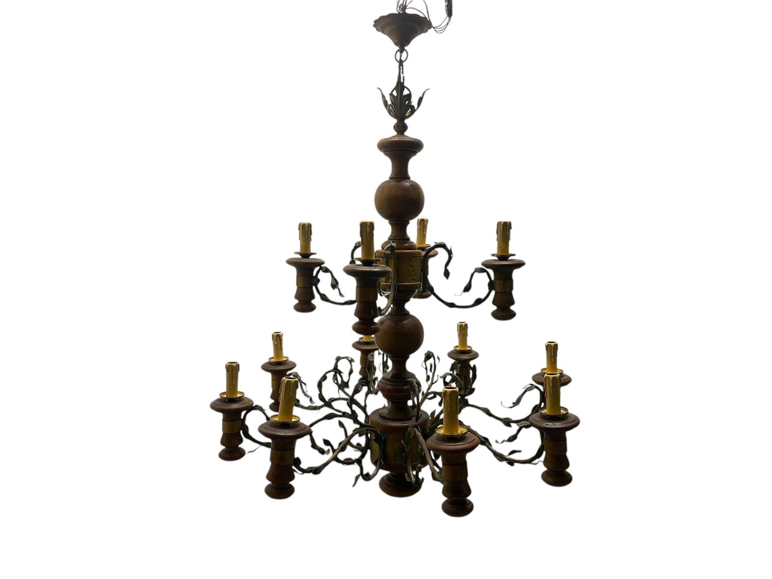 Large Rustic Wooden Tole Chandelier 12 Lights