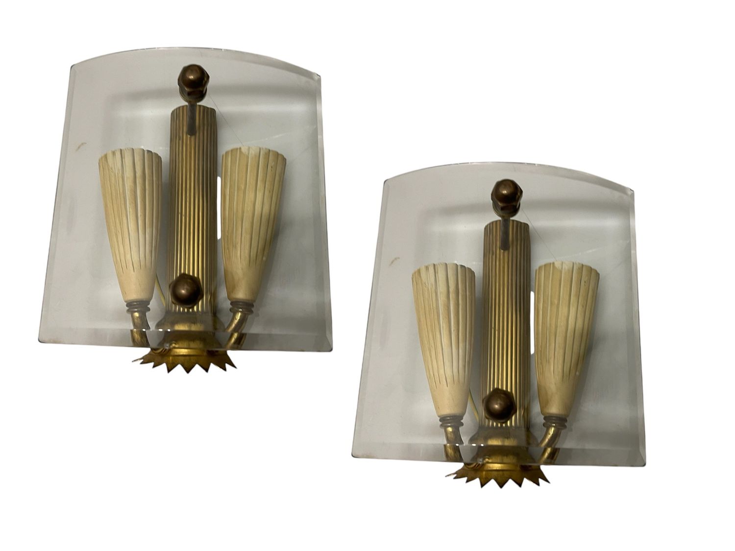 Glass &amp; Brass Sconces from Fontana Arte, 1950s, Set of 2