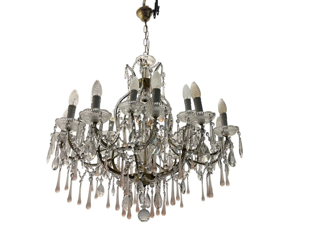 Large Pink Crystal Beaded Murano Glass Drop Chandelier, 1970s