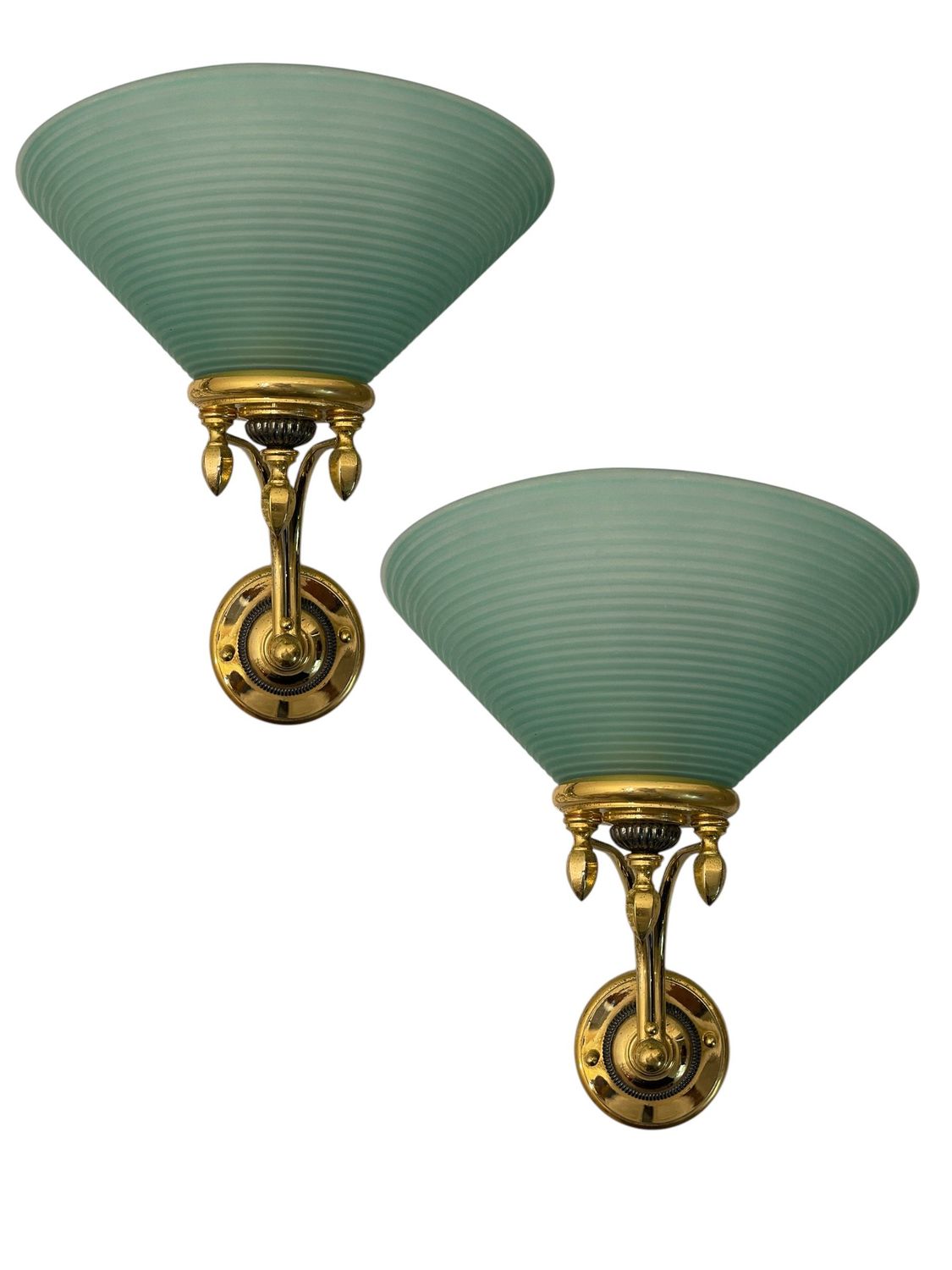 Large Brass and Green Murano Glass Sconces, 1970s, Set of 2