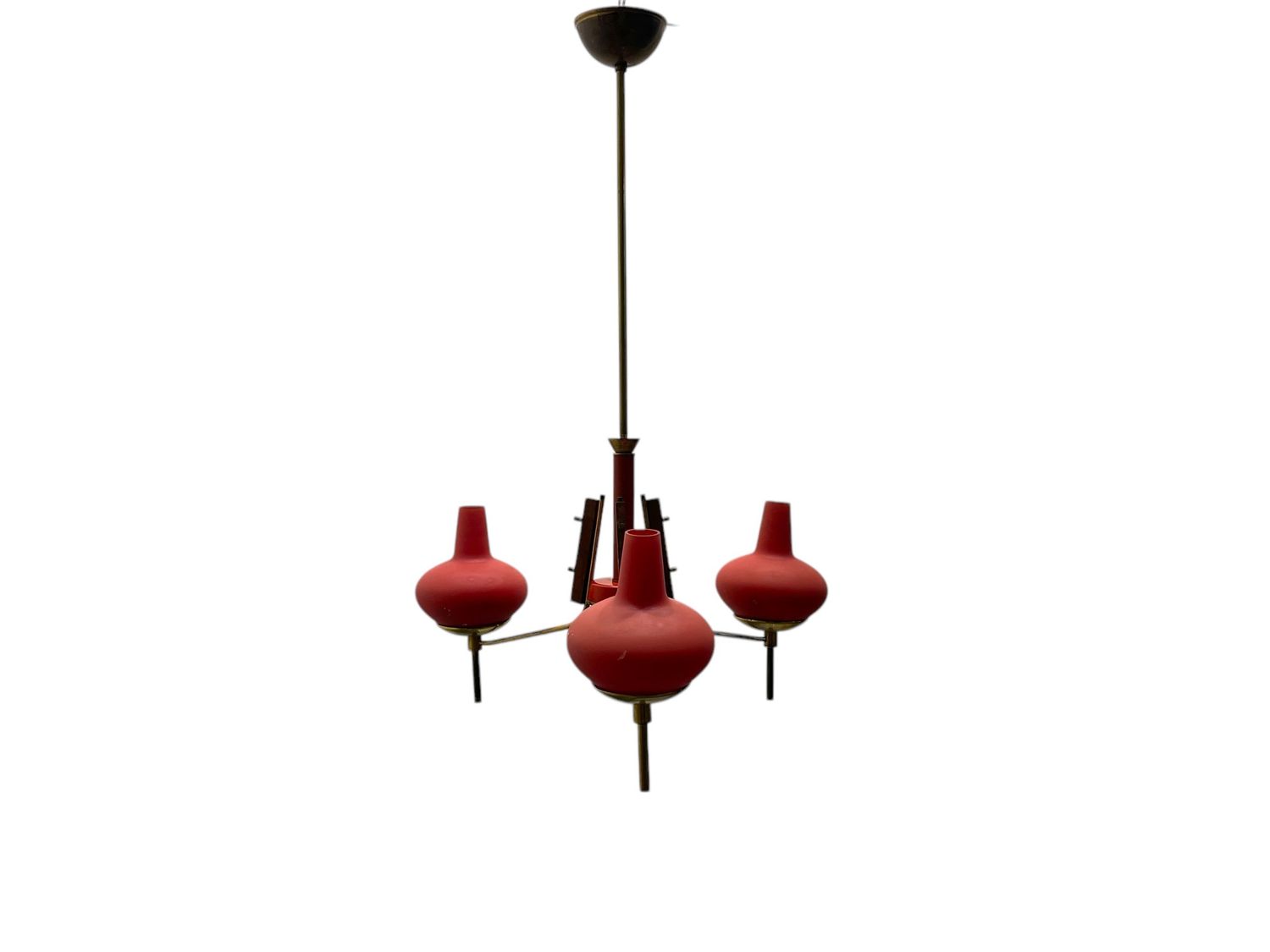 Red Brass Opaline Glass Chandelier, 1950s