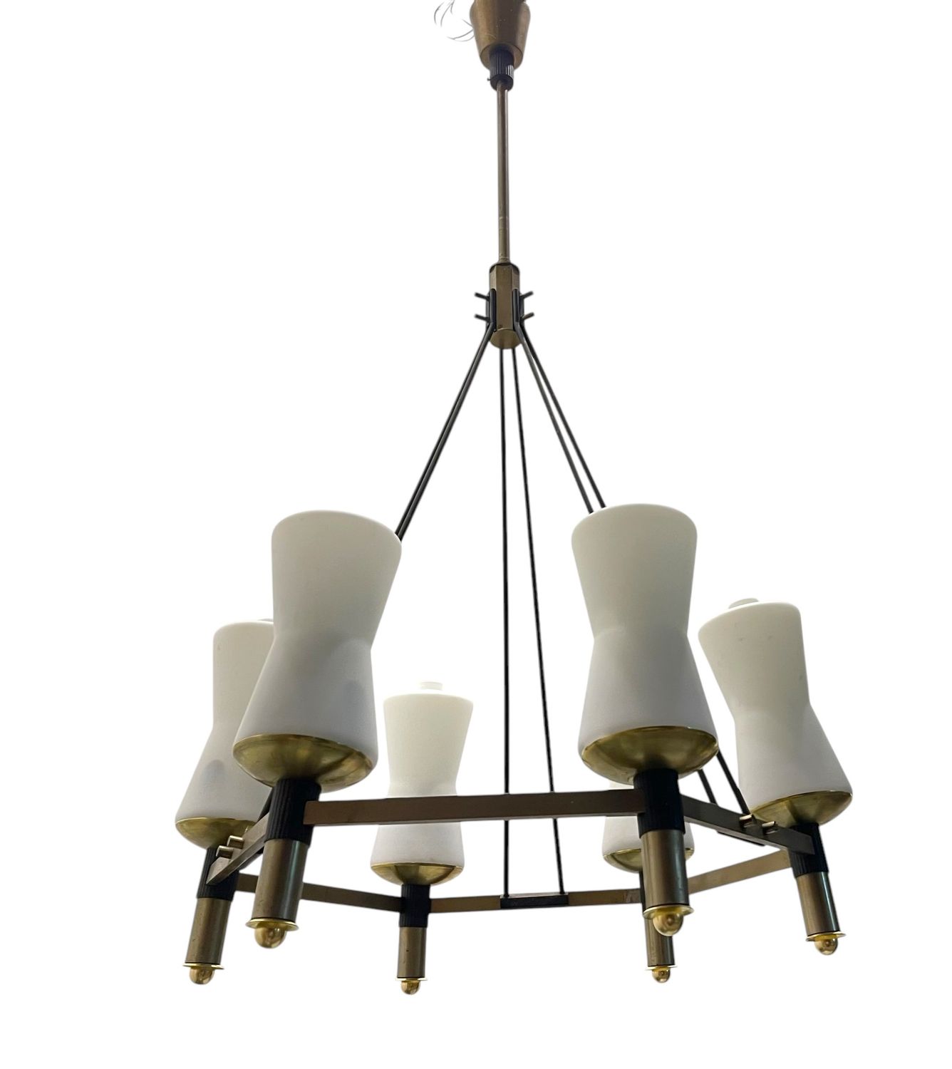 Bronze and Opaline Glass Chandelier, 1950s