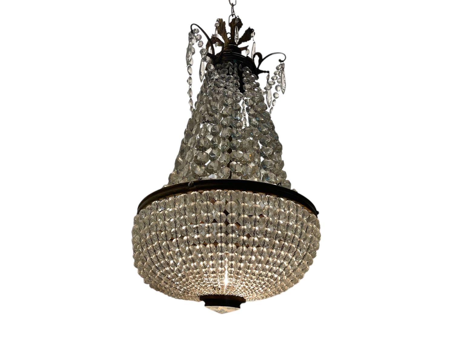 Bronze Crystal Basket Chandelier, 1940s