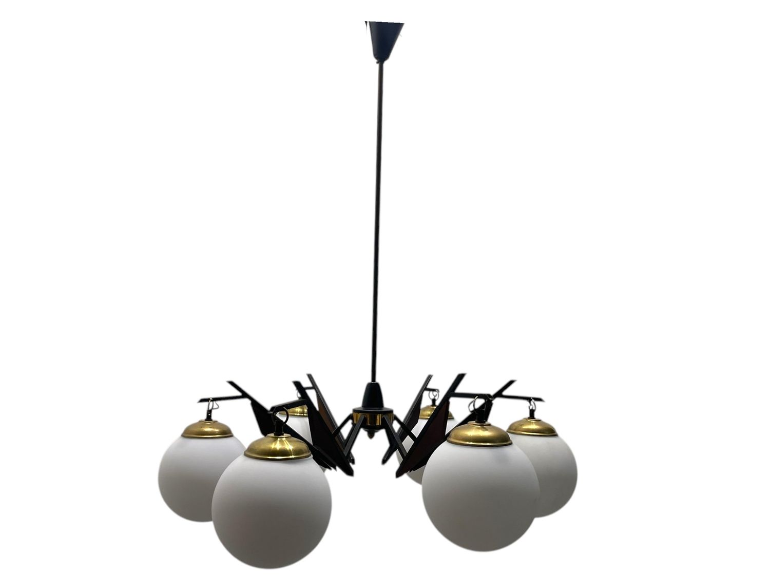 Vintage Brass Wooden Veneer Chandelier, 1950s