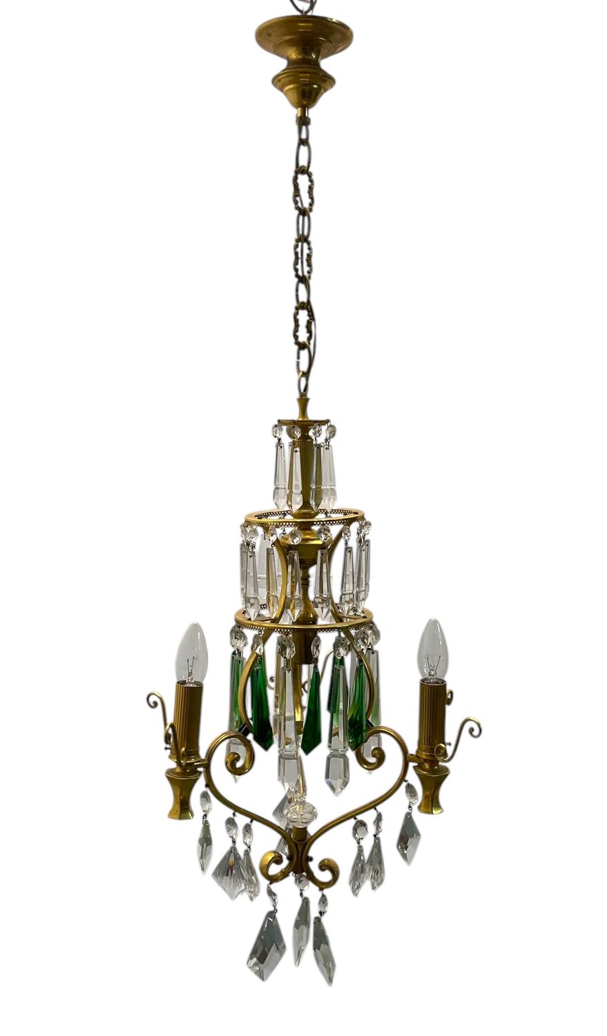 Brass Crystal Green Chandelier 1960’s