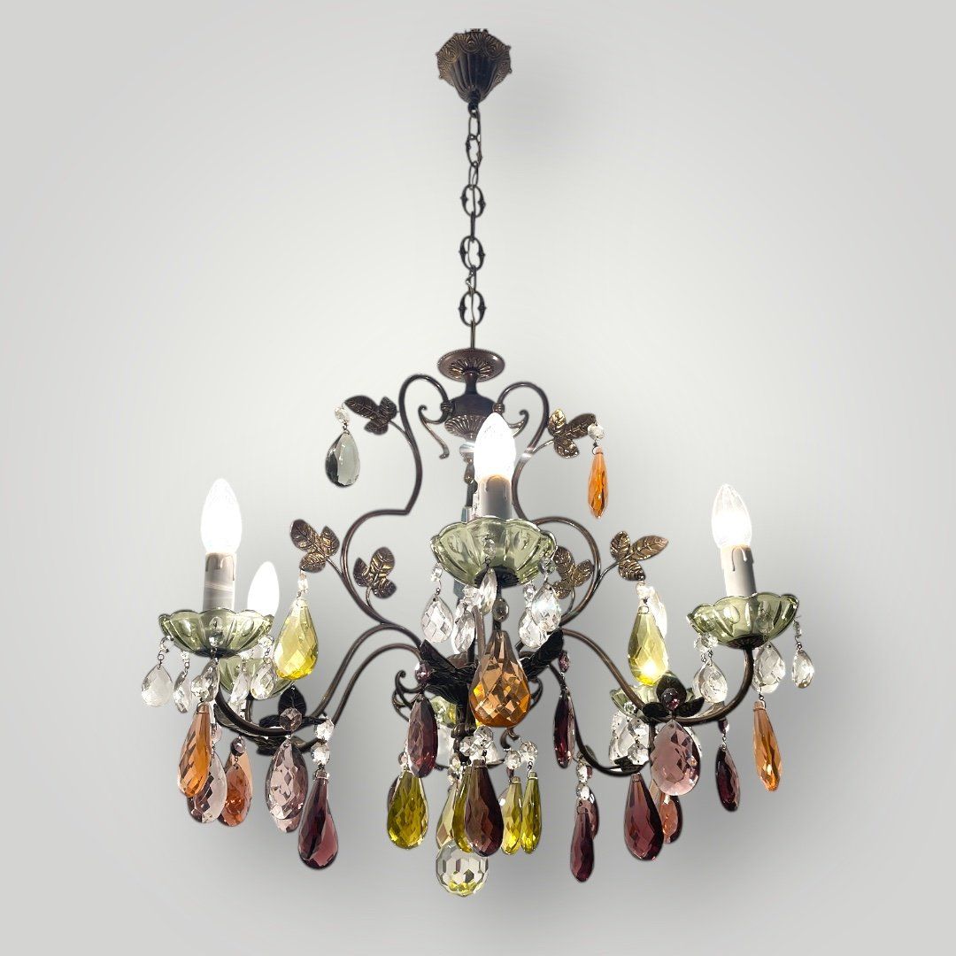 Bronze multicolored Italian crystal chandelier 1950’s