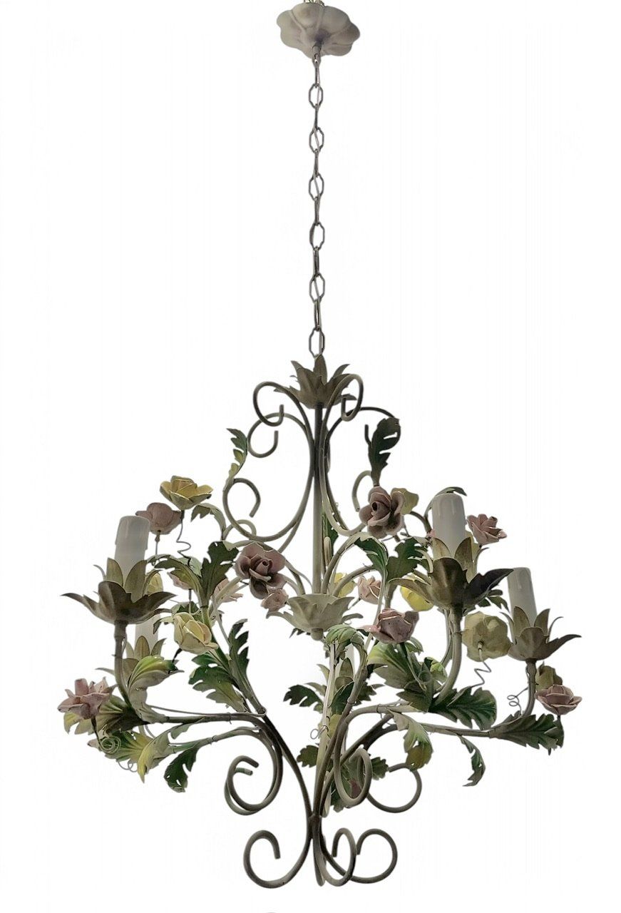 Italian Tole Ceramic Rose Flower Chandelier