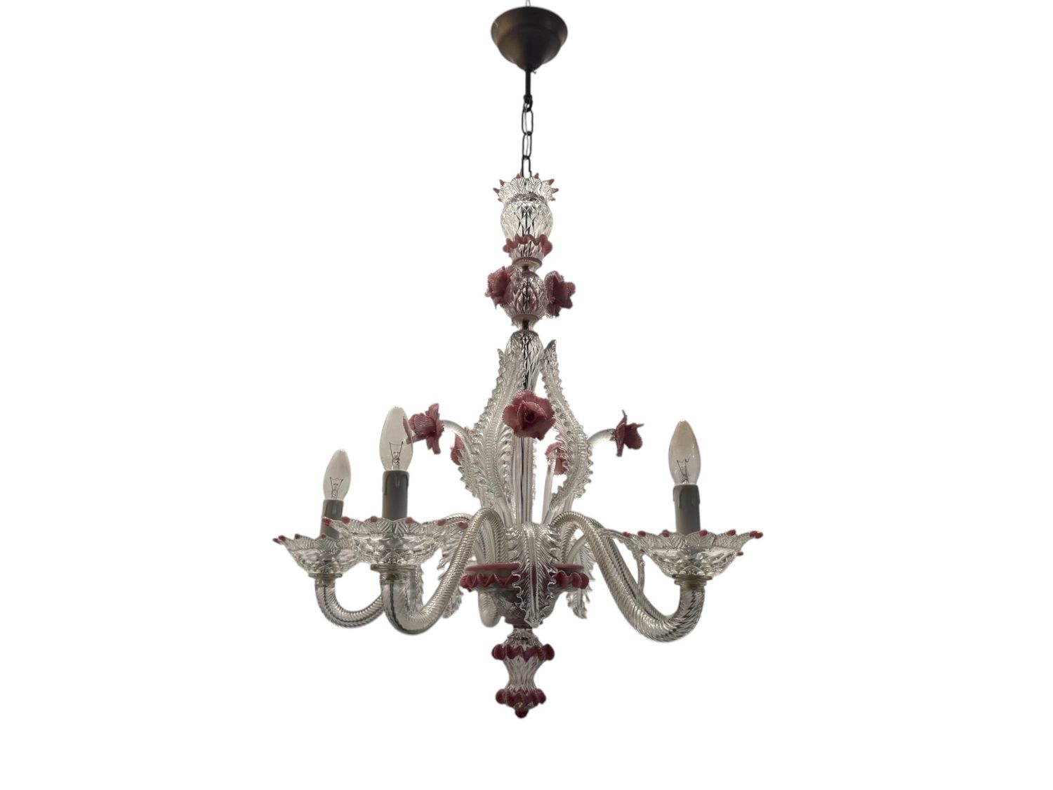 Venetian Murano Glass Clear Pink Chandelier, 1960s