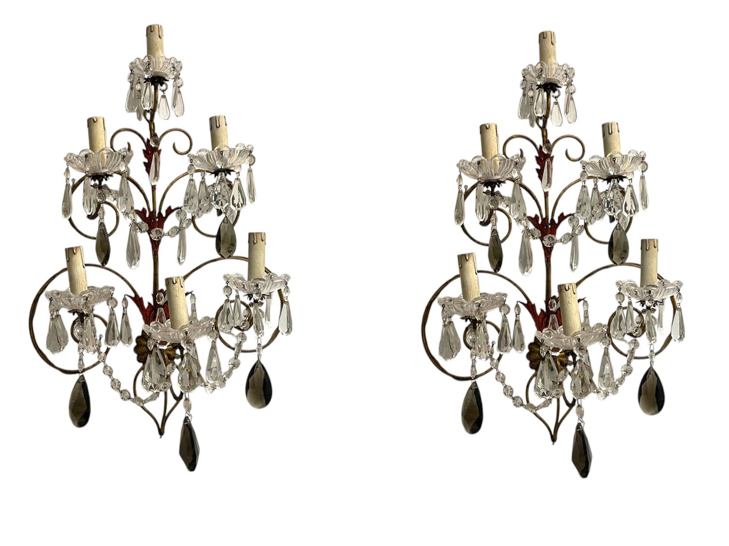 Large Florentine Tole Crystal Sconces, 1950s, Set of 2