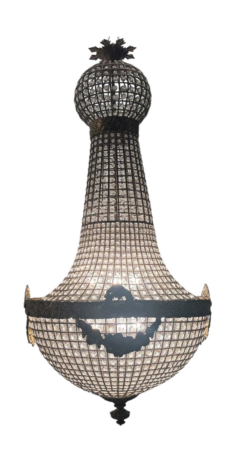 Large Crystal Beaded Bronze Chandelier, 1970s