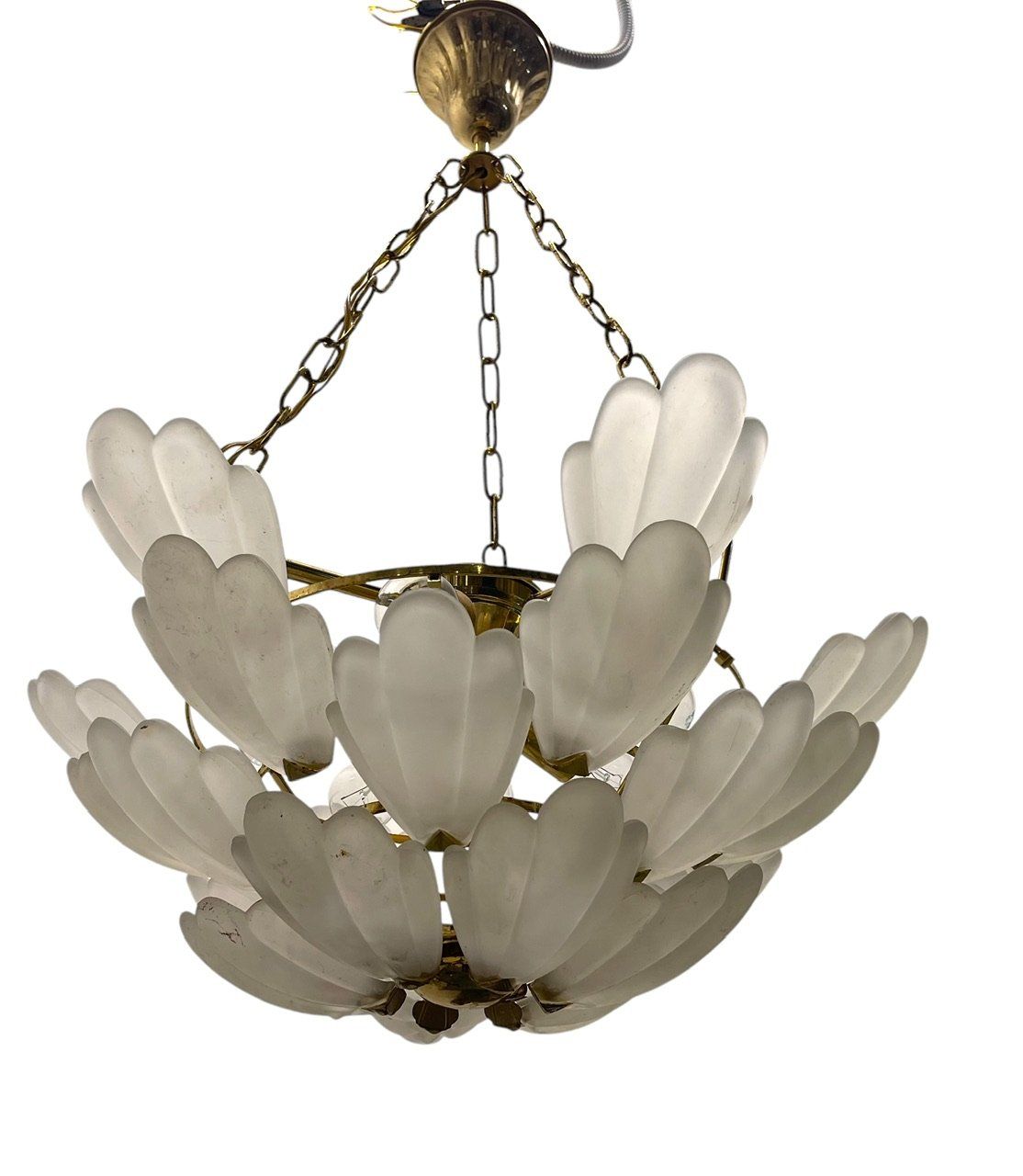 Satinated Glass Brass Chandelier, 1970s