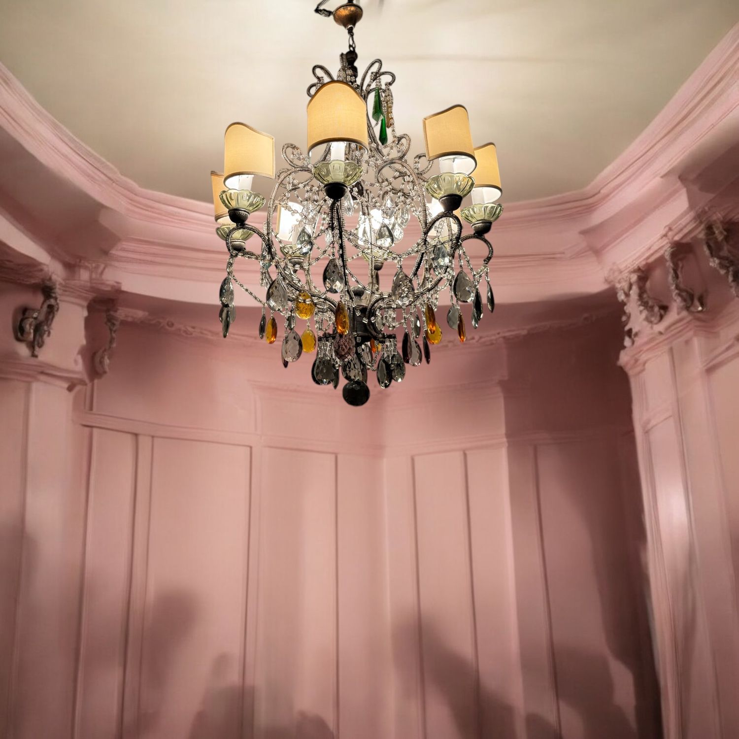 Large Macaroni Crystal Multicolored Chandelier, 1950s