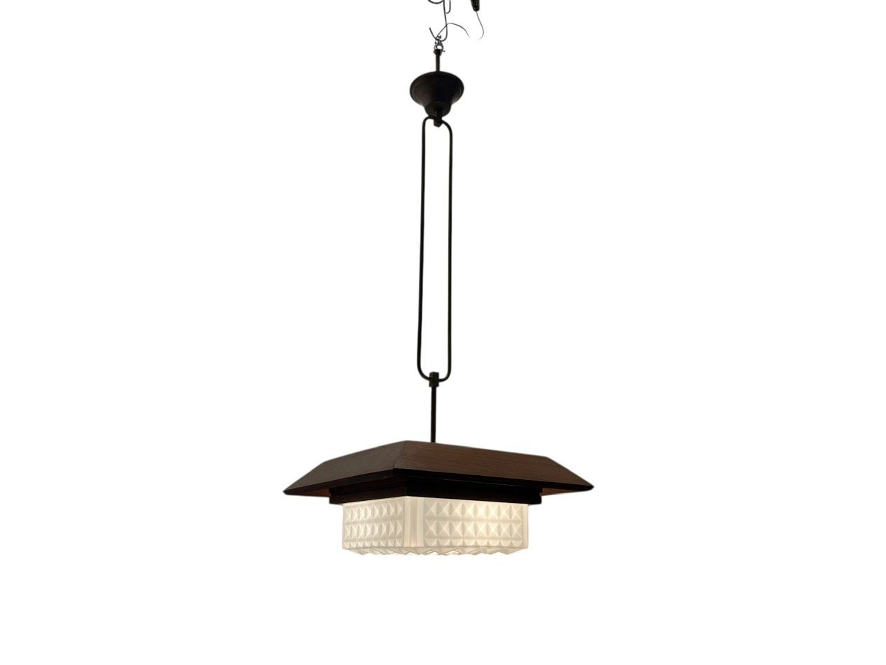 Mid-Century Modern Wood, Bronze and Opaline Glass Pendant Light, 1950s