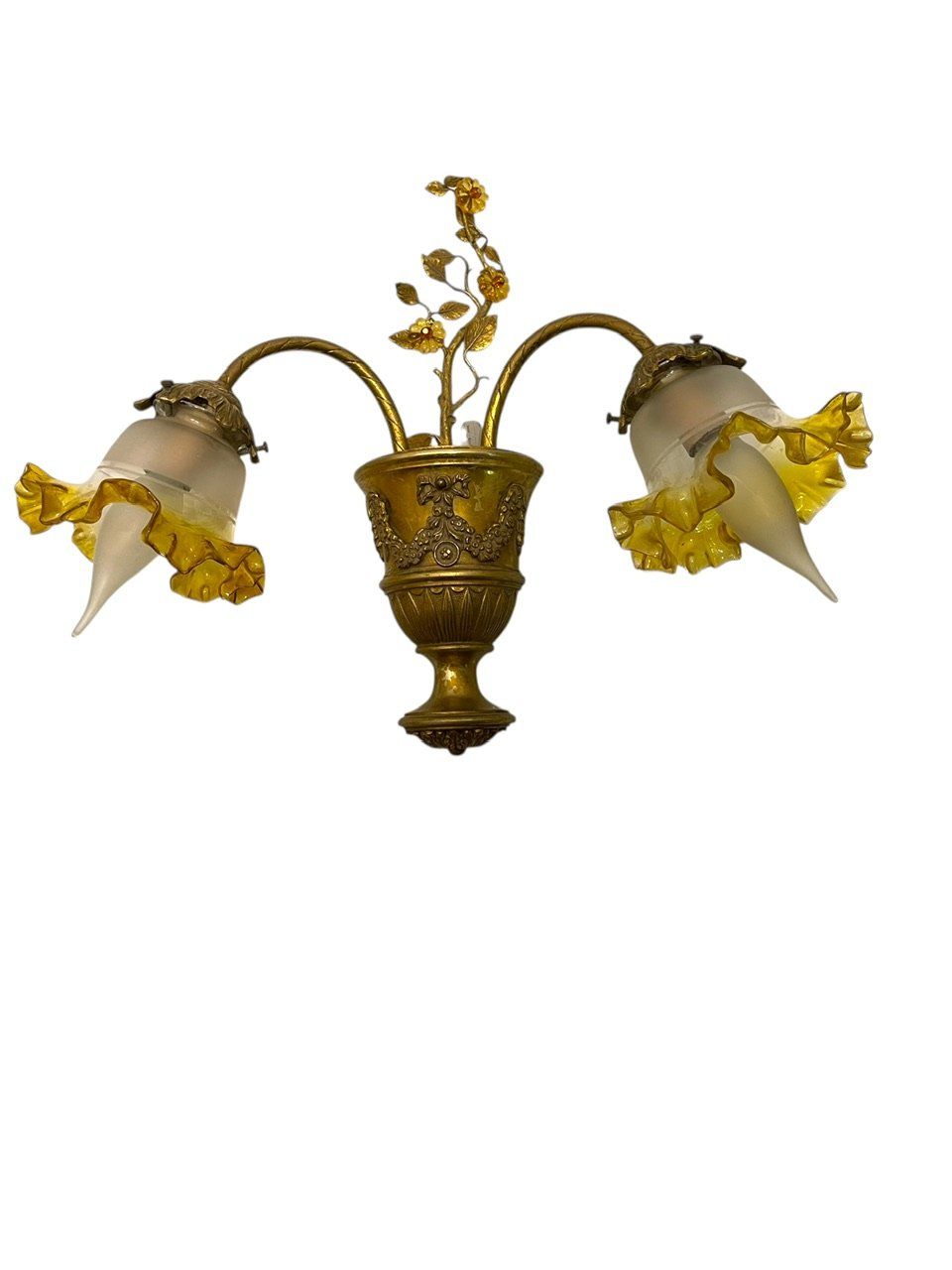 Single Brass Sconce with Amber Frilled Glass Shades, 1950s