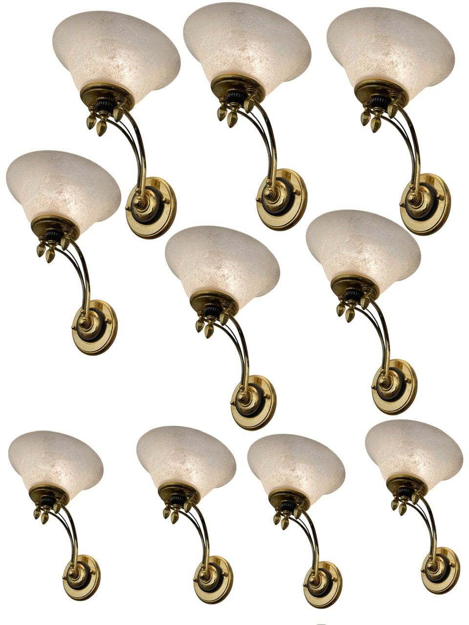 Large Vintage Italian Brass Murano Glass Sconces, 1970s, Set of 10