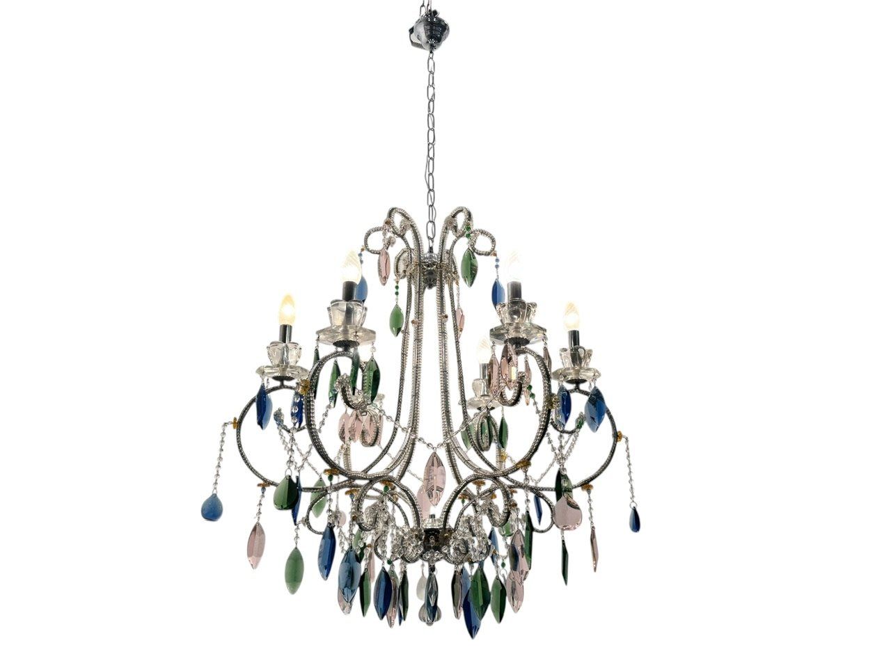 Vintage Crystal Beaded Multicolored Chandelier with Six Lights, 1960s
