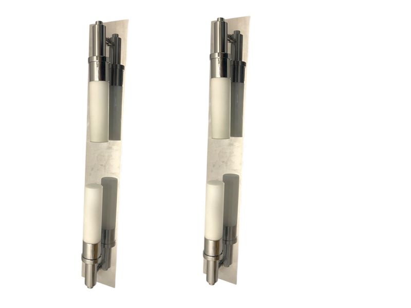 Vintage Chrome and Opaline Glass Wall Sconces, 1970s, Set of 2