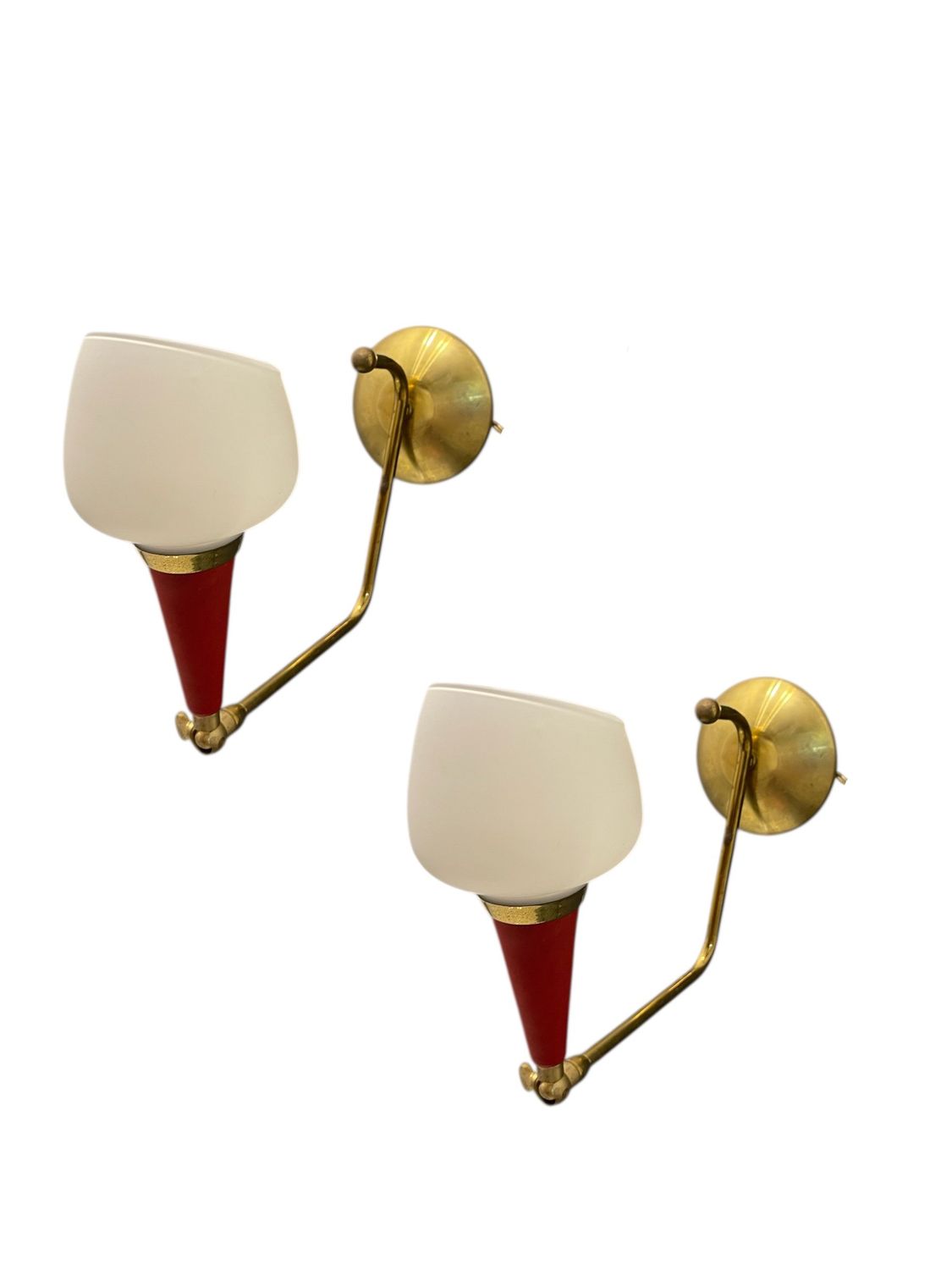 Vintage Brass and Red Adjustable Sconces,1950s, Set of 2