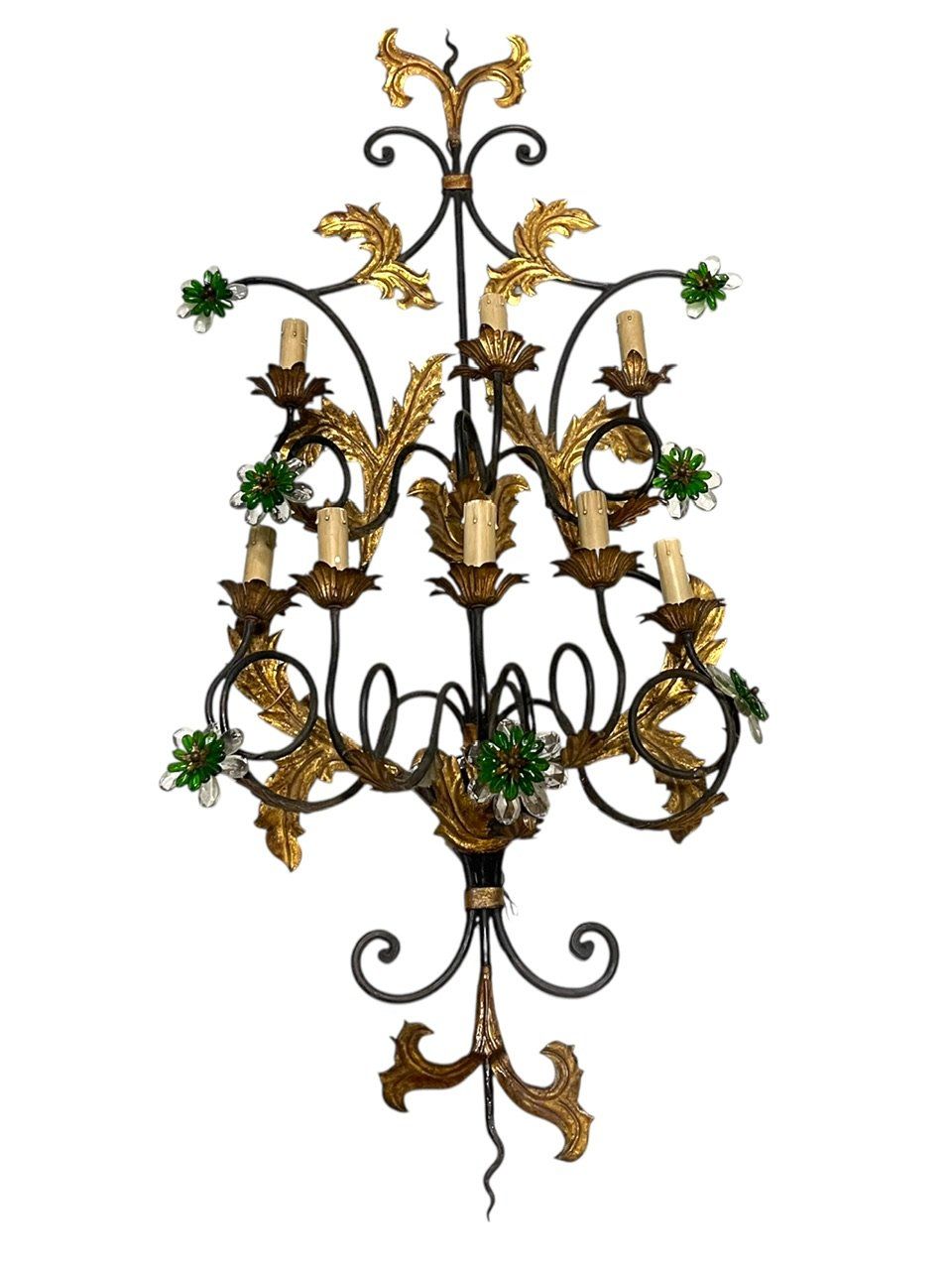 Large Italian Tole Wall Light with Murano Glass Flowers, 1960s