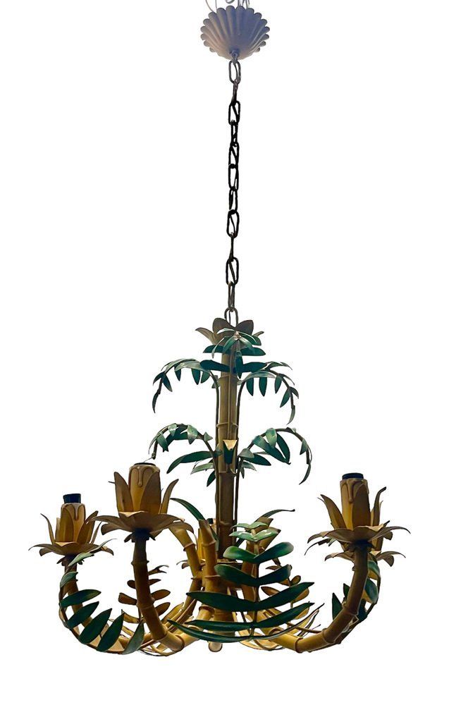 Faux Bamboo Tole Palm Tree Chandelier, France, 1950s