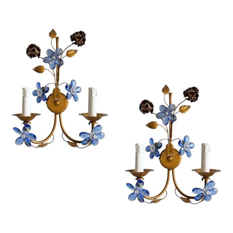 Vintage Italian Tole &amp; Murano Glass Flower Wall Sconces, 1960s, Set of 2