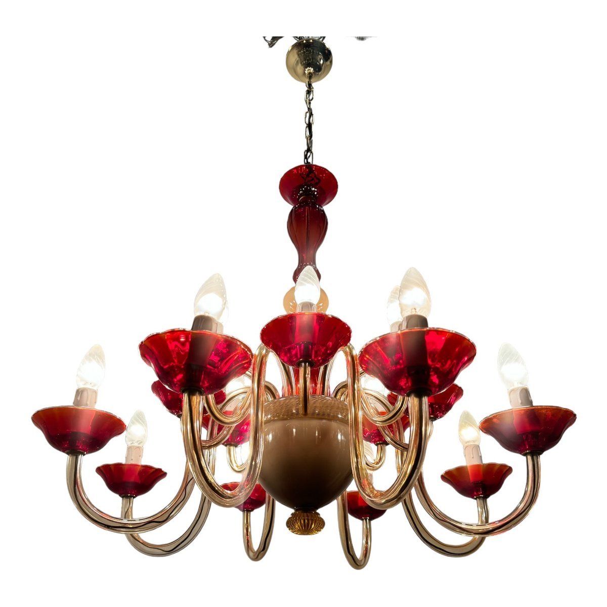 Large Venetian Chandelier in Ruby Red Murano Glass, 1980s