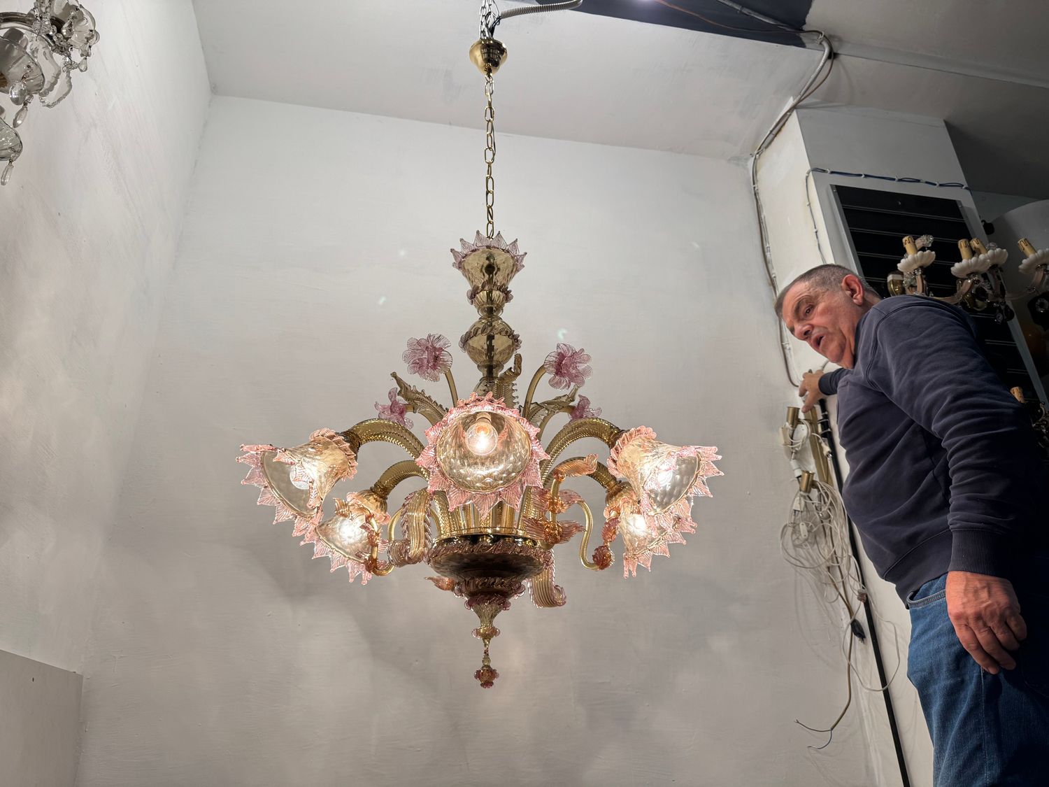 Venetian Pink Amber Murano Glass Chandelier, 1960s