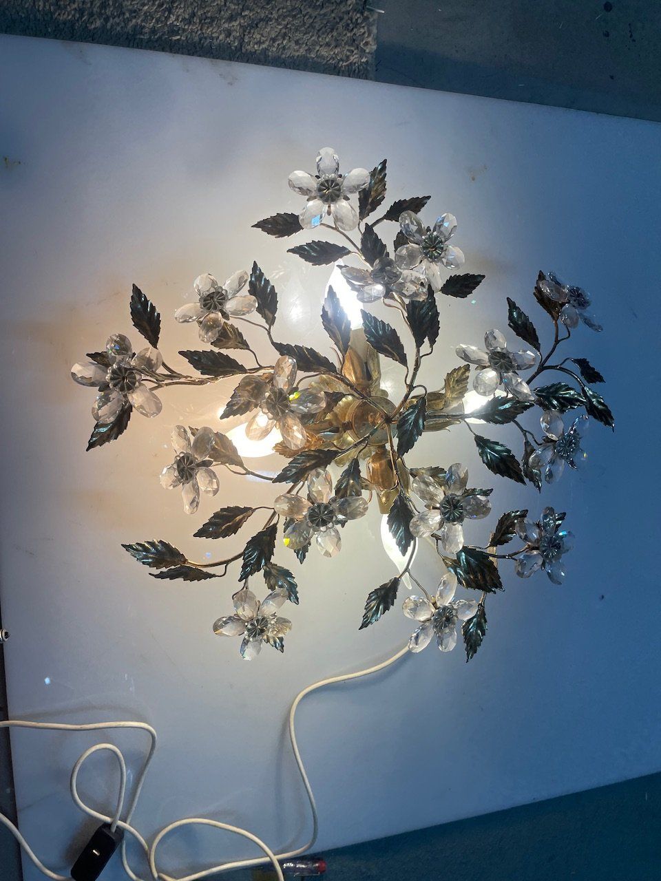 Gilded Tole Crystal Flower Flush Mount, 1970s
