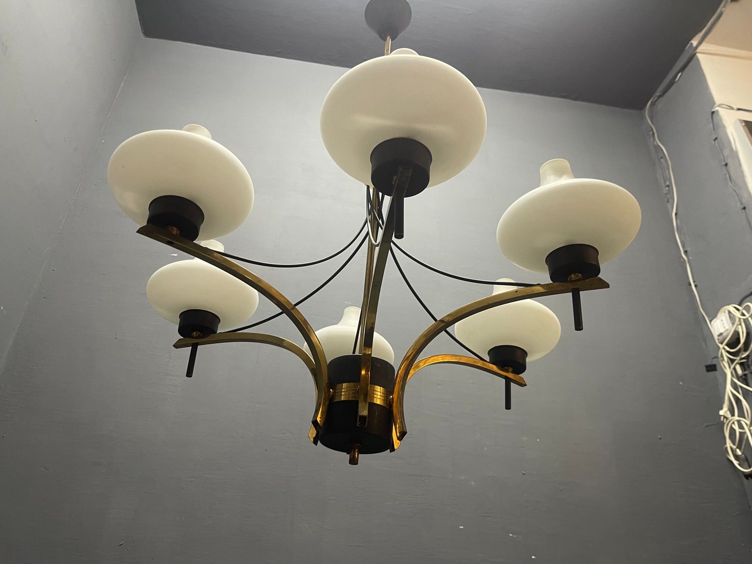 Vintage Brass and Opaline Glass Six-Light Chandelier, 1950s