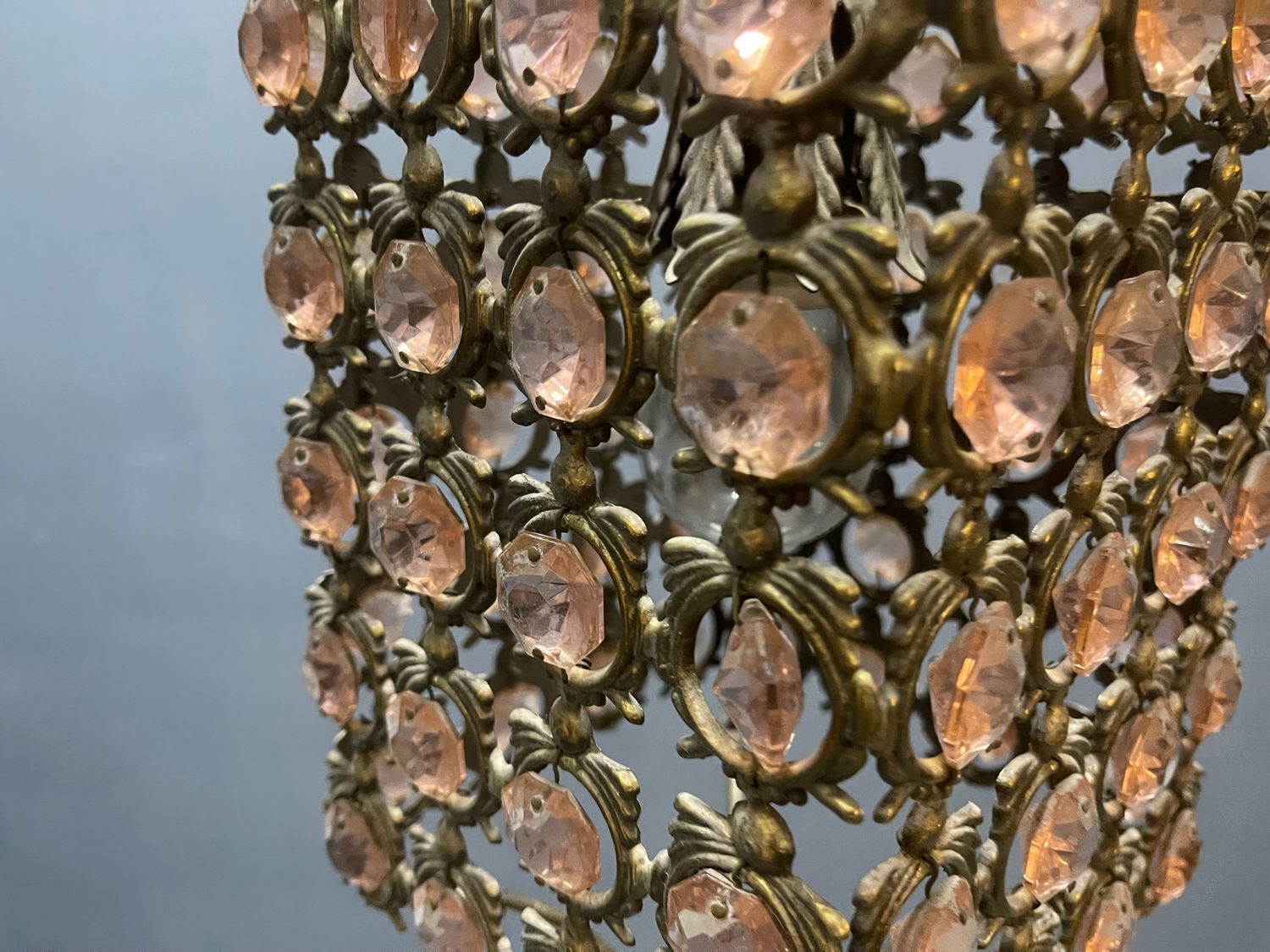 Pink Crystal and Bronze Pendant Light, 1960s