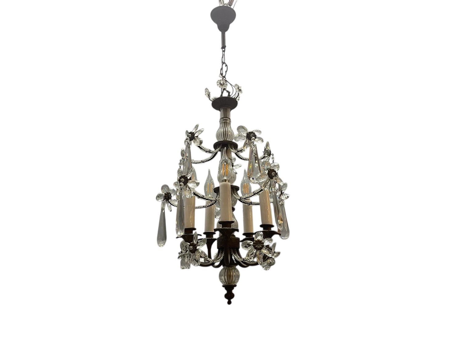 Crystal Beaded Bronze Flower Chandelier, 1950s