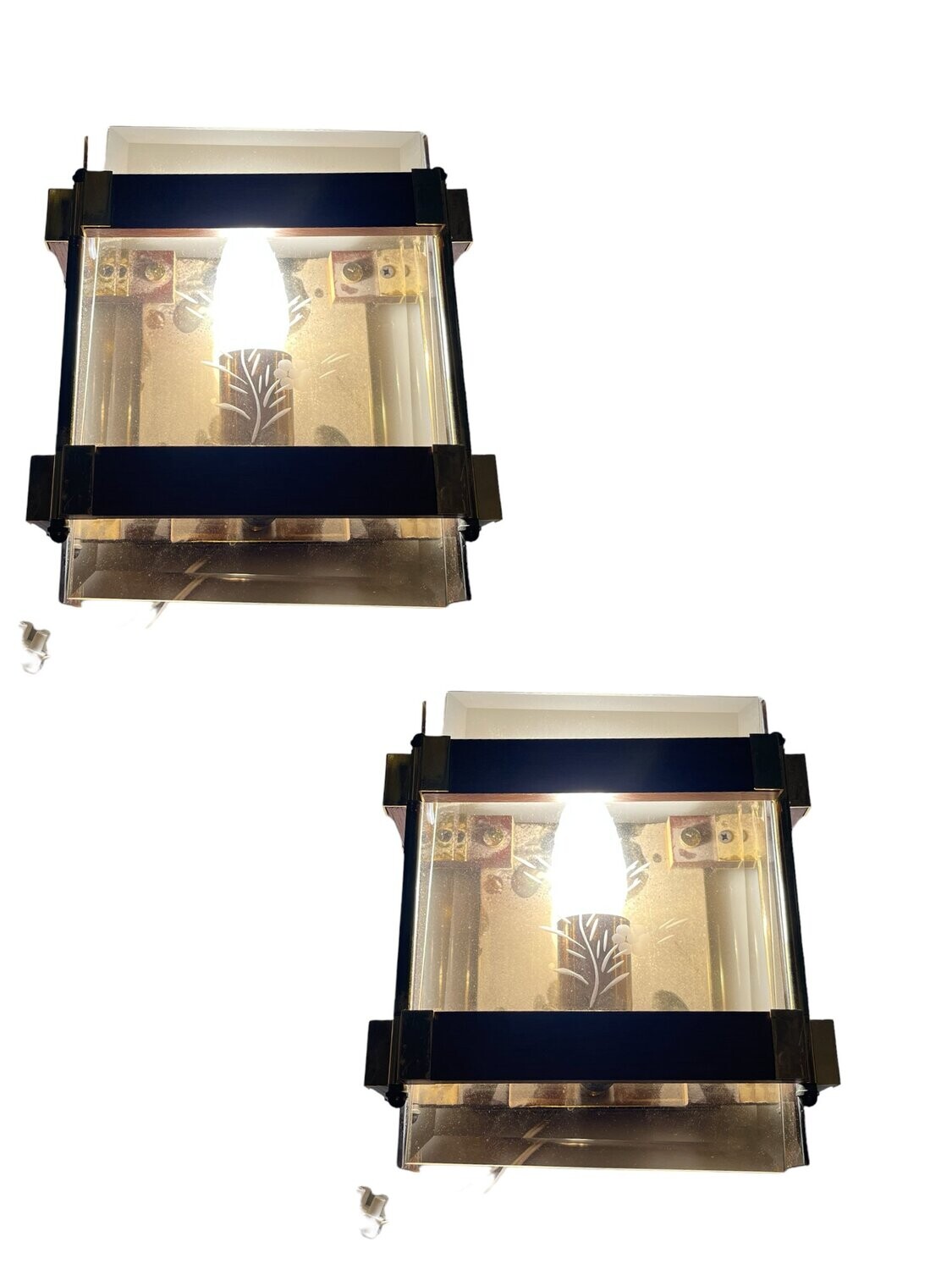 Smokey Glass Wooden Brass Sconces, Set of 2