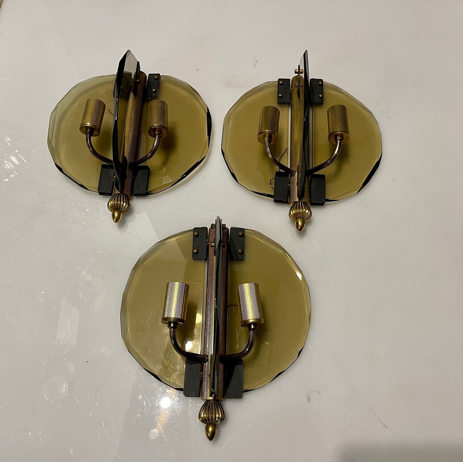 Italian Smoked Cut Glass Wall Lights, Set of 3