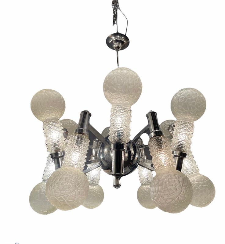 Large Chrome Space Age Sputnik Glass Chandelier, 1970s