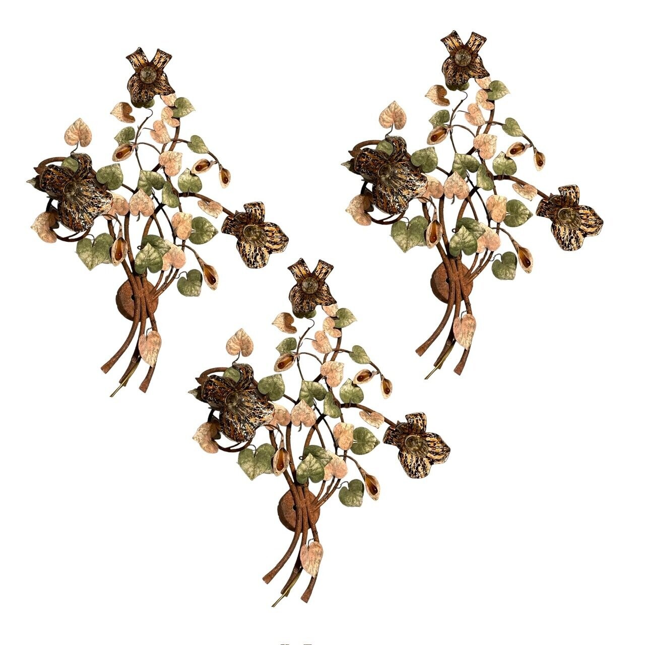 Large Floral Murano Glass Tole Sconces Set of 3