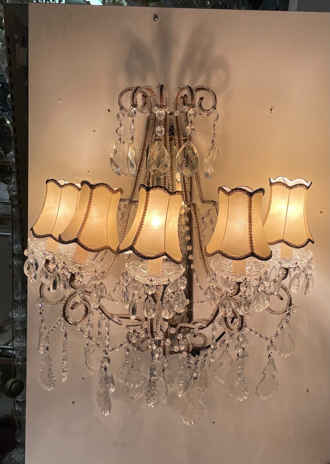 Large Antique Italian Mirrored Crystal Sconces, Set of 2