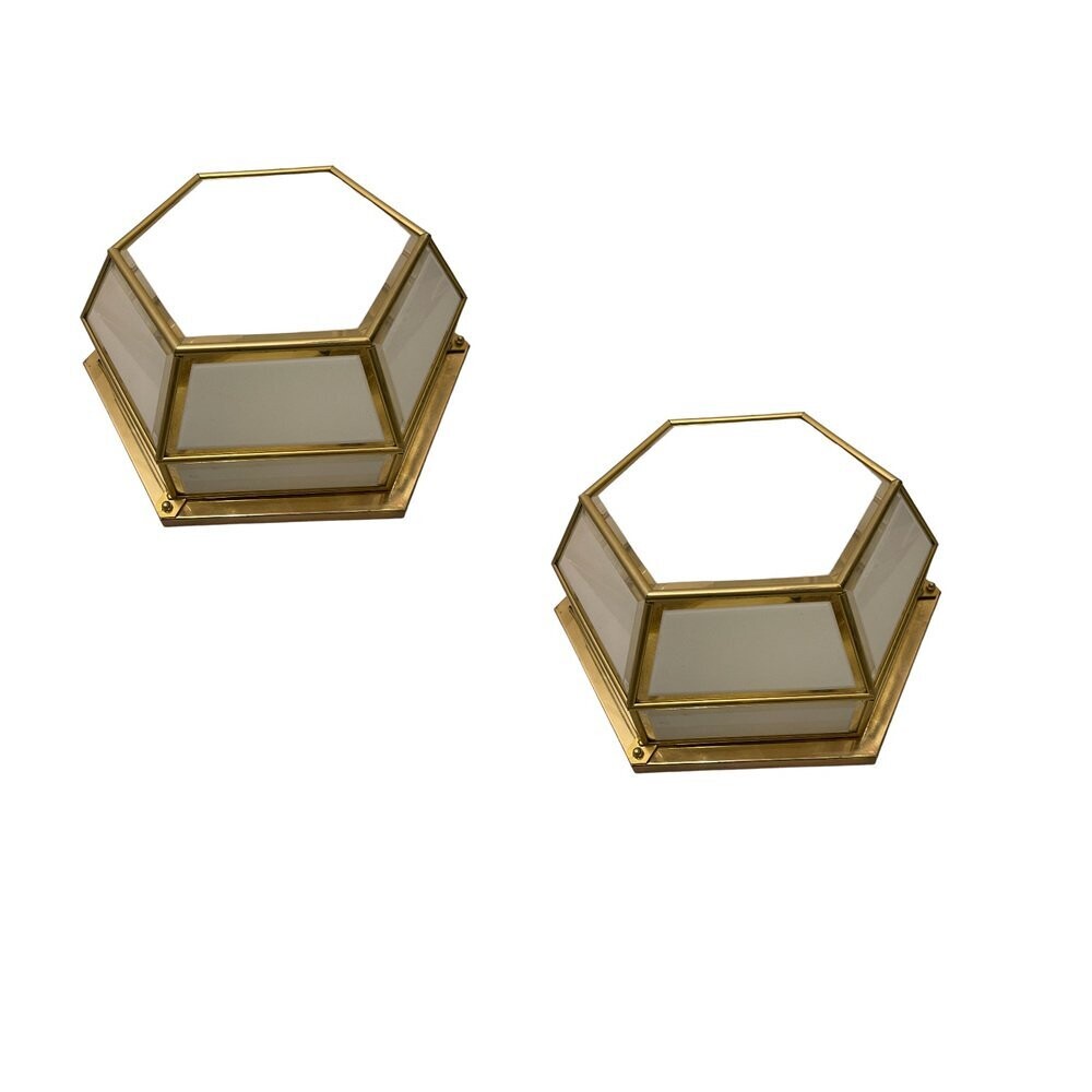 Hexagonal Brass Glass Sconces, 1980s, Set of 2