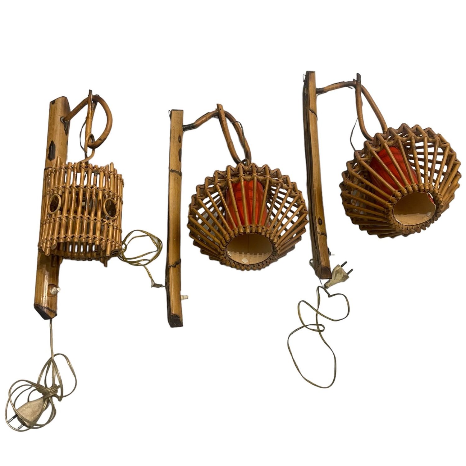 Vintage Bamboo Sconces Set of 3 attributed to Louis Sognot, France 1960’s
