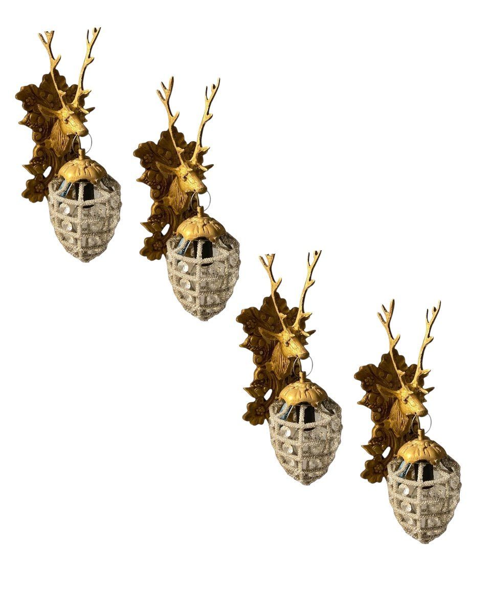 Beaded Crystal Stag Head Sconces, 1980s, Set of 4