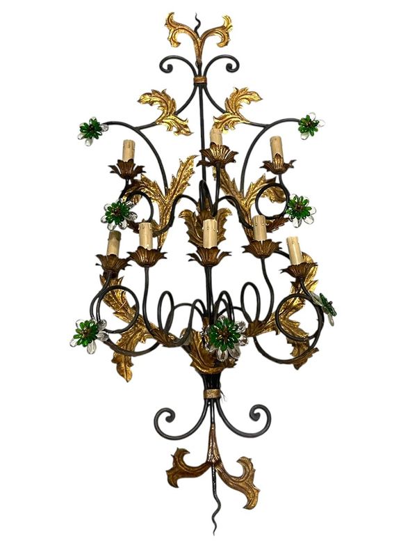 Large Italian Tole Wall Light with Murano Glass Flowers, 1960s