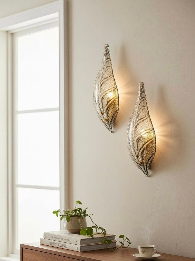 Murano Glass Frosted Leaf Sconces, 1960s, Set of 2